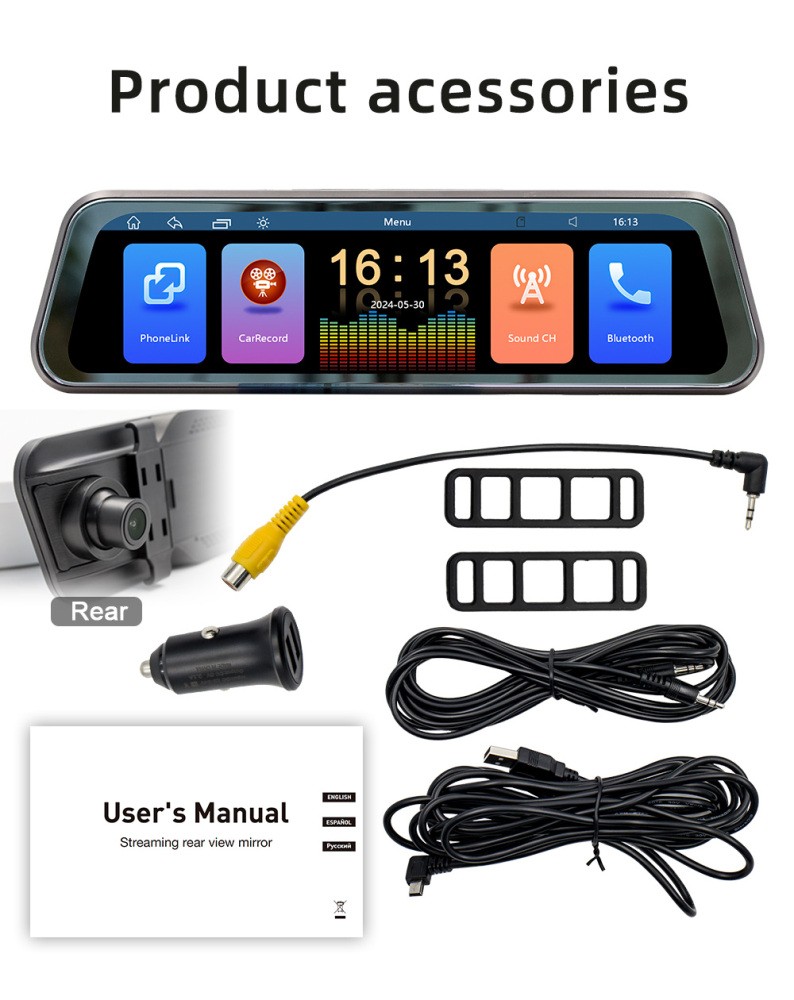 Apple CarPlay Car Rearview Mirror DVR Driving Recorder 9.36in AUX/BT/FM/TF Cam