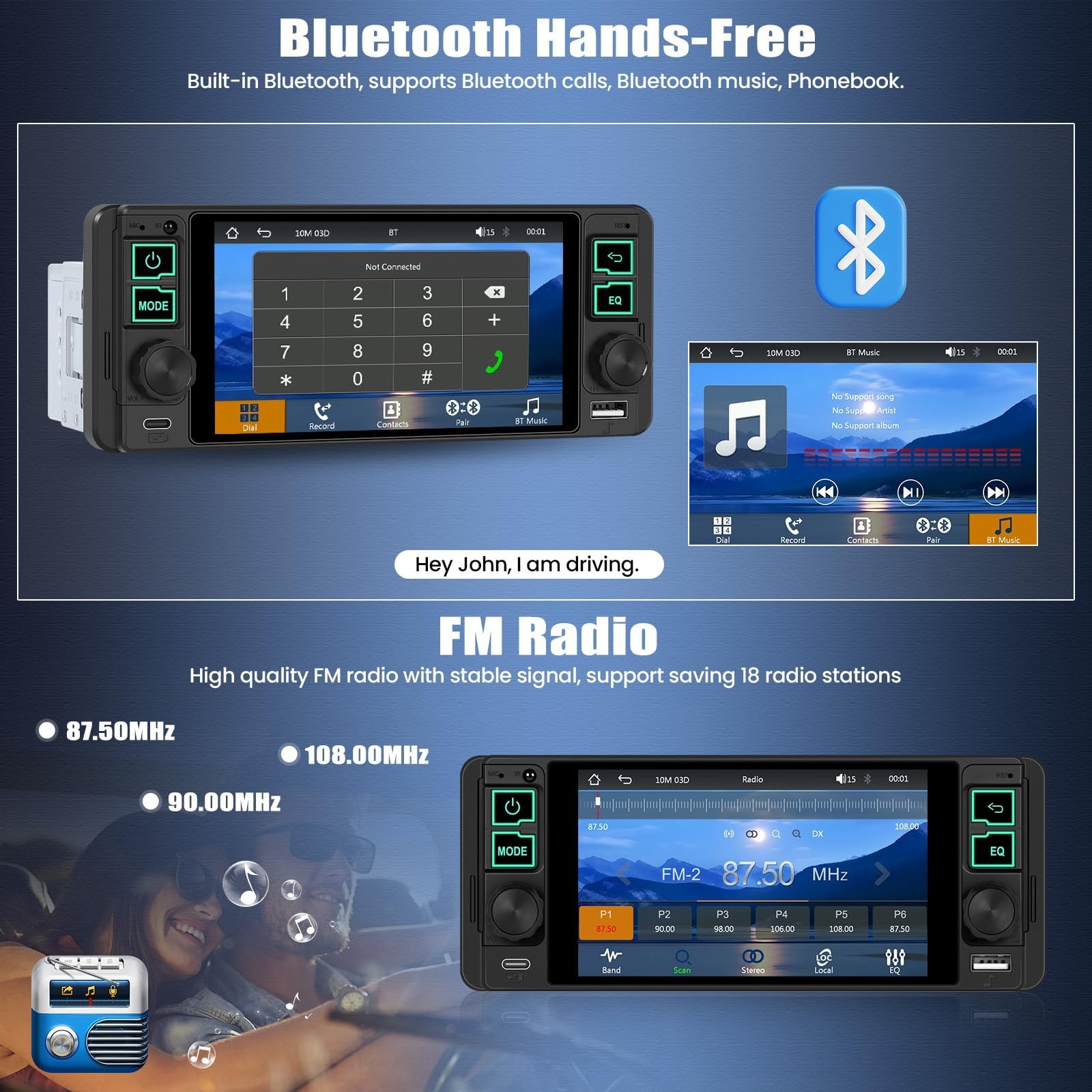 Single Din Car Stereo with Wireless CarPlay, Android Auto, 5.1″ Touchscreen, Blu