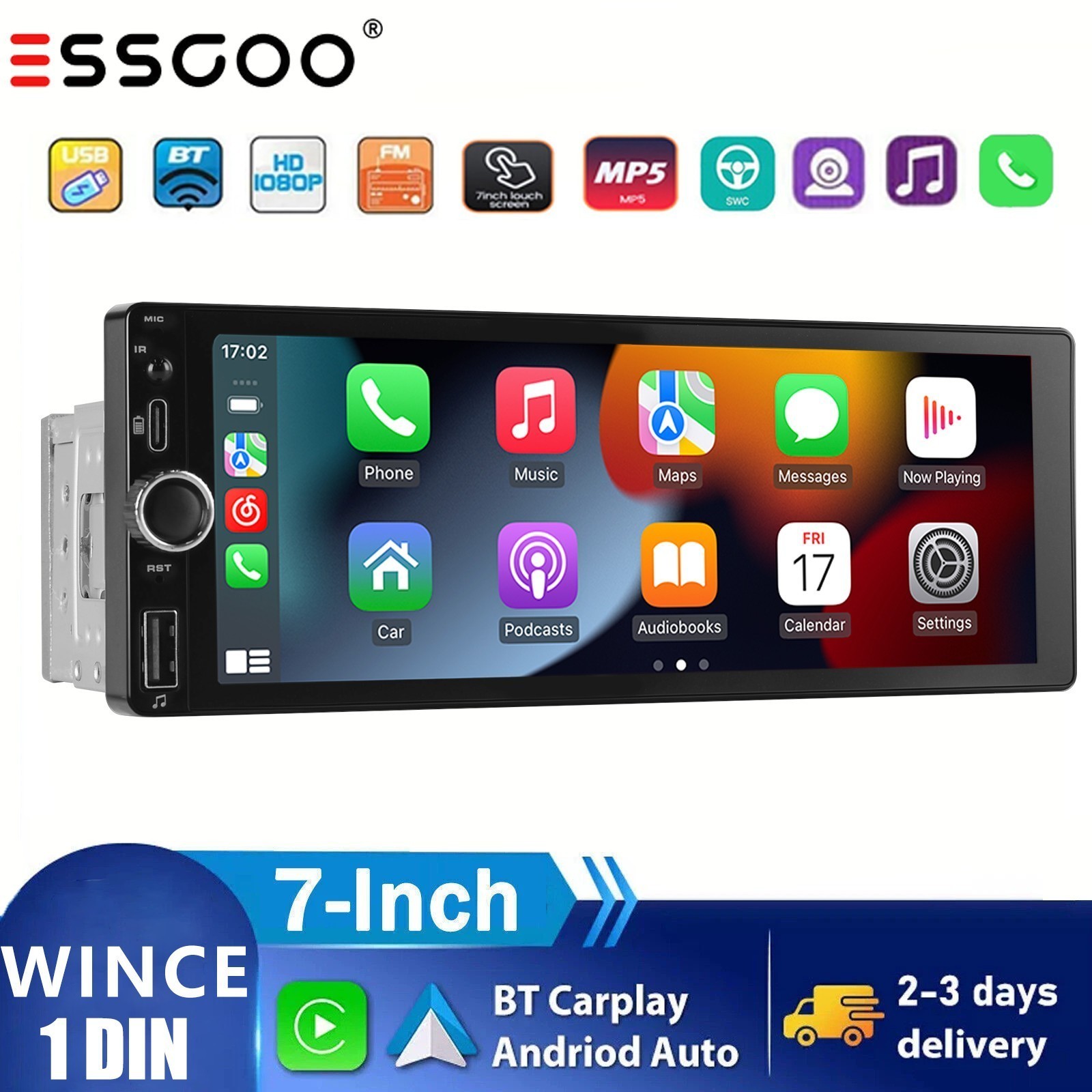 7″ 1 DIN Bluetooth Car Stereo Radio USB SWC FM Wired Apple Carplay/Android Auto