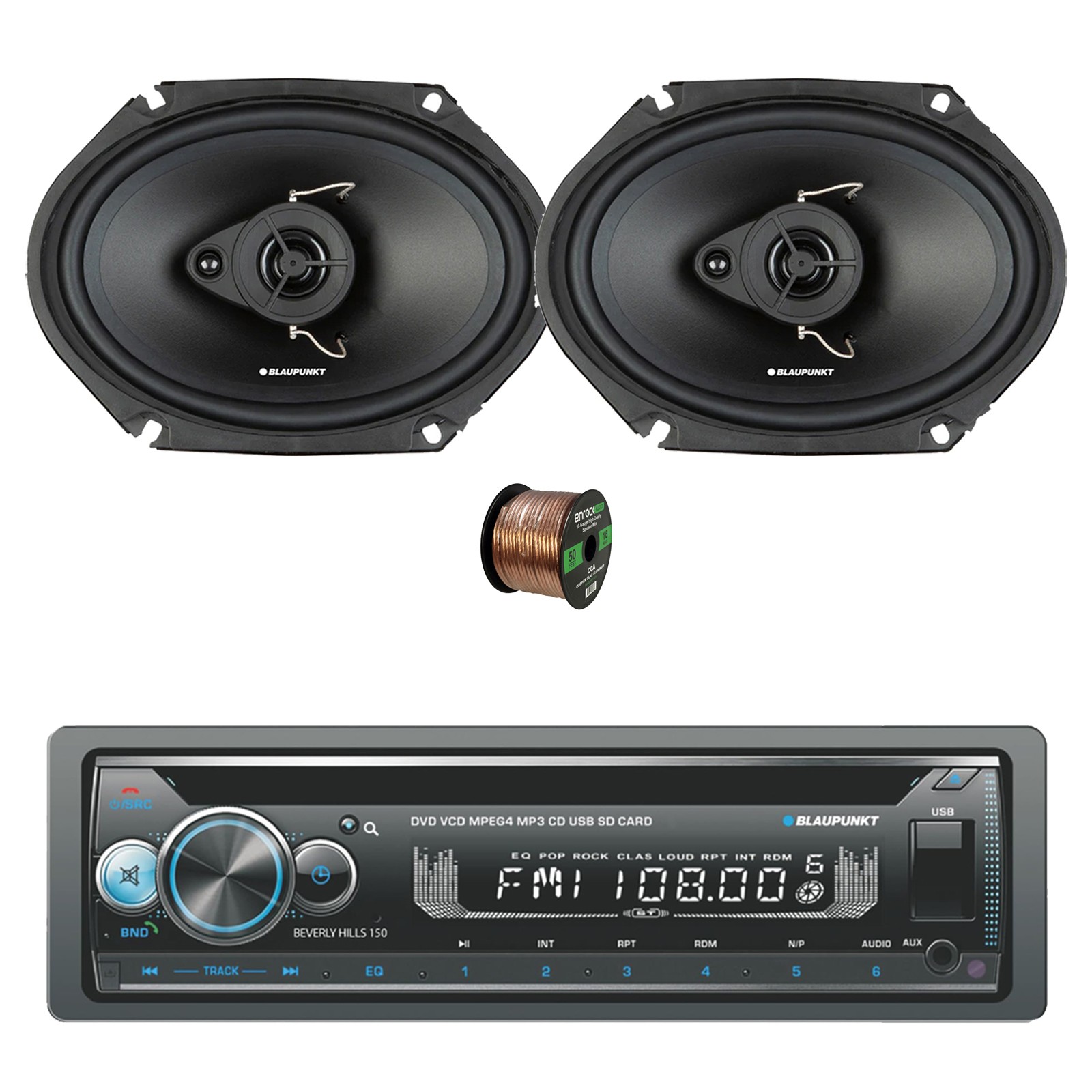 Blaupunkt Bluetooth Receiver, 2x 6×8″ 60W Car Speaker, Wire