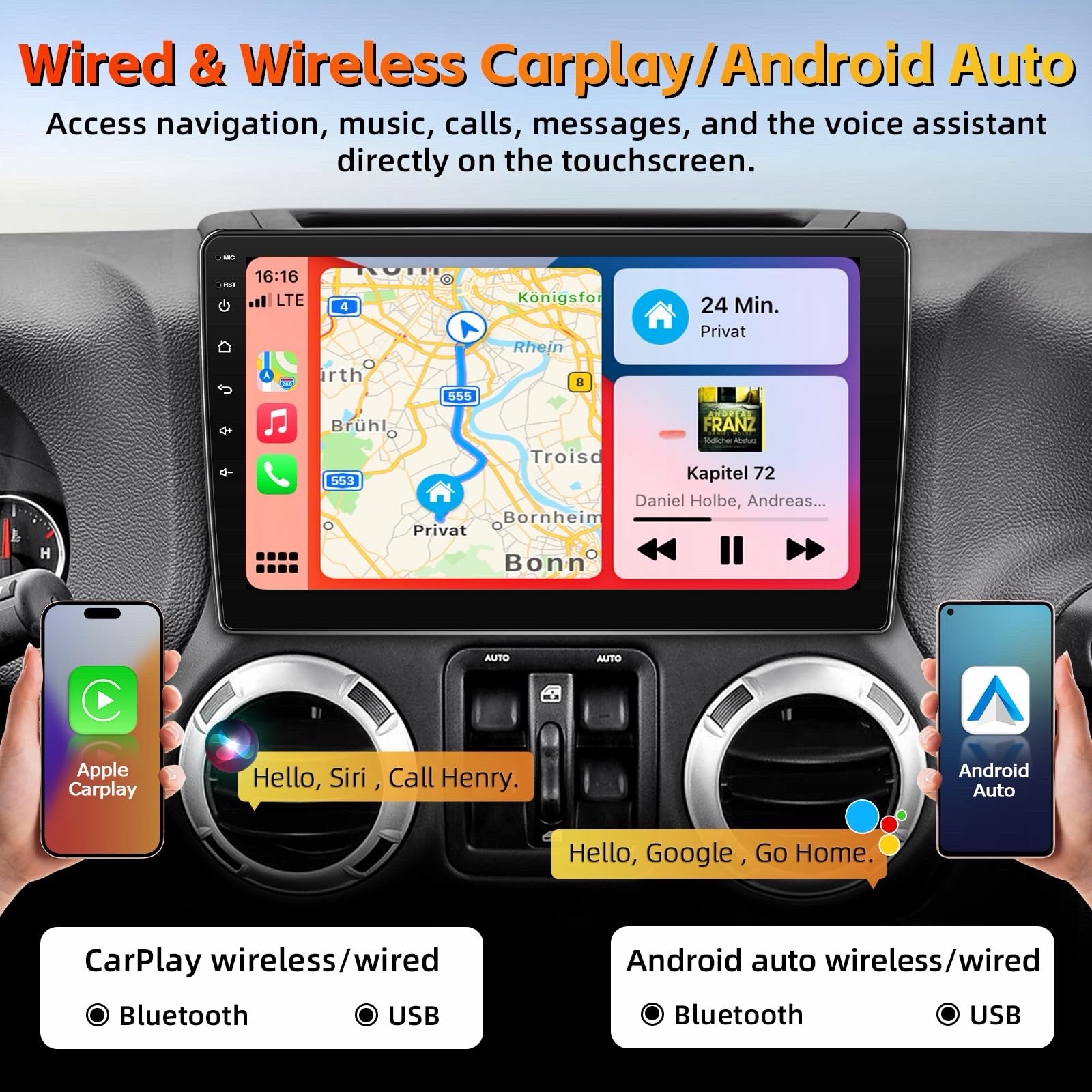 10 Inch Car Stereo for Jeep Wrangler JK 2007-2018 Wireless CarPlay Backup Camera