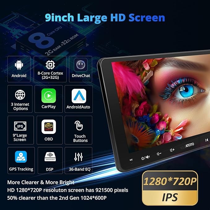 ATOTO A6 PF 9” 2 DIN Car Audio Receiver Wireless CarPlay Android Auto /AM FM