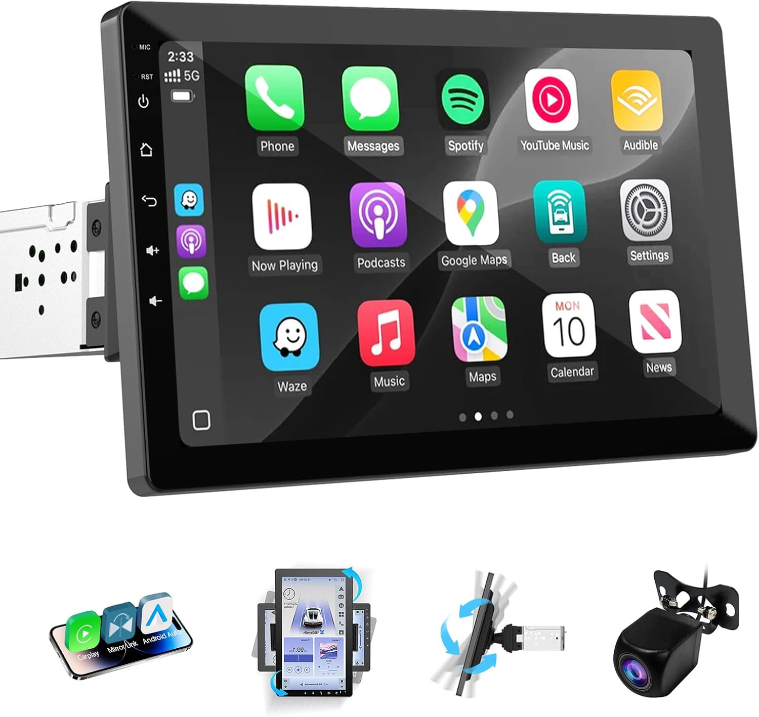 10.1 Inch Single Din Car Stereo, Rotatable Touch Screen Radio with Wireless Appl