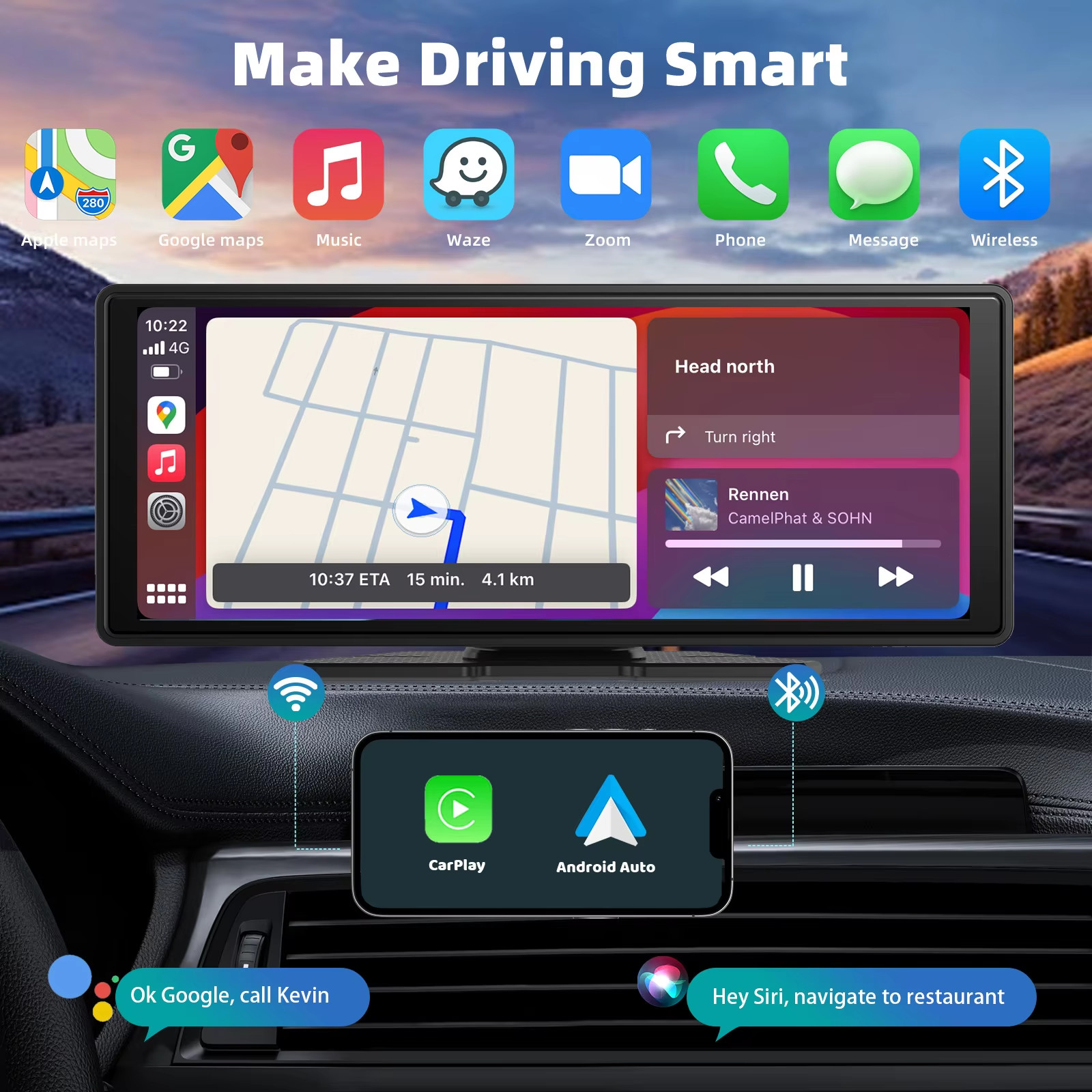 Wireless CarPlay Screen Portable Car Stereo Touchscreen Android Auto Universal