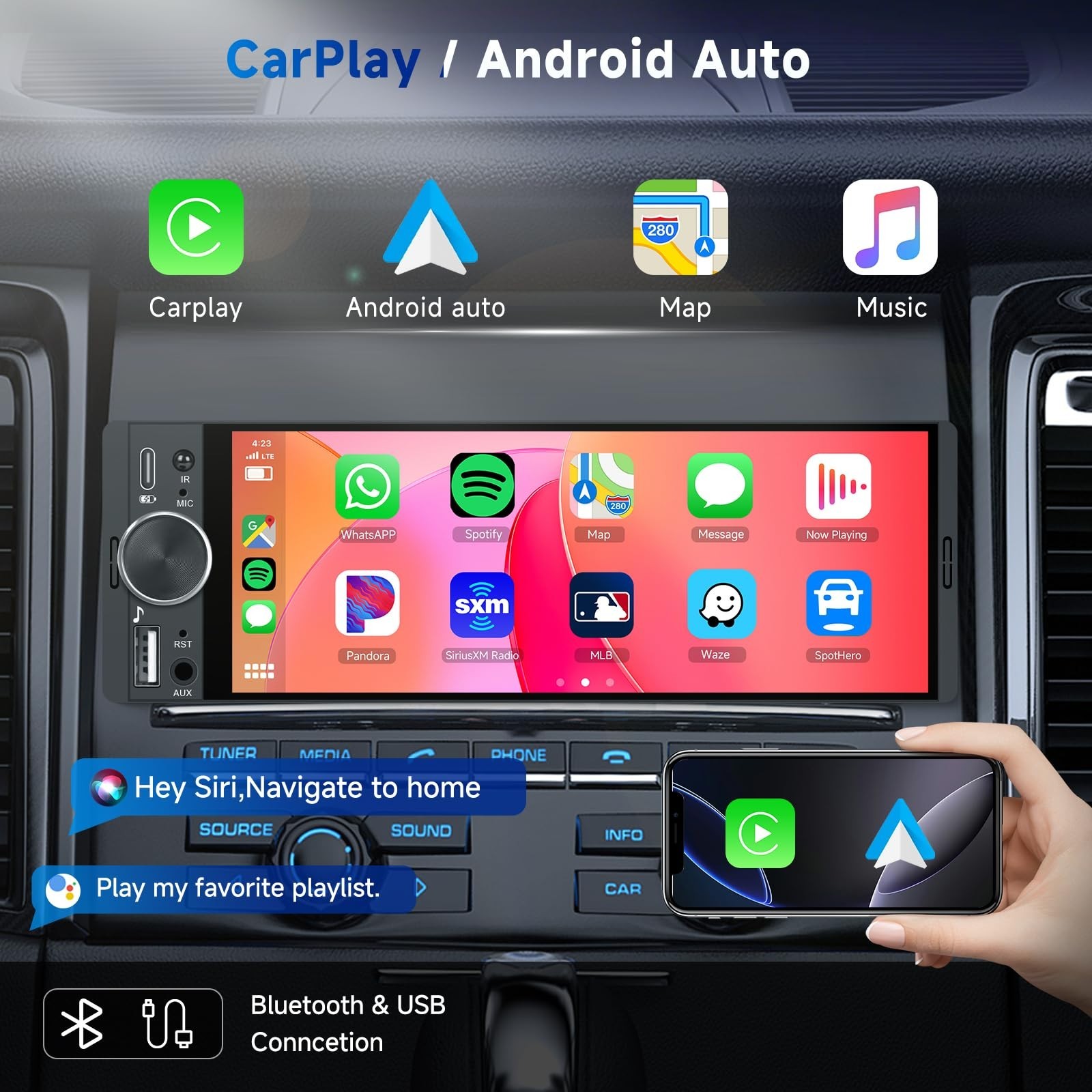 Single Din Car Stereo with 6.28” Touch Screen, Wireless CarPlay & Android Auto,