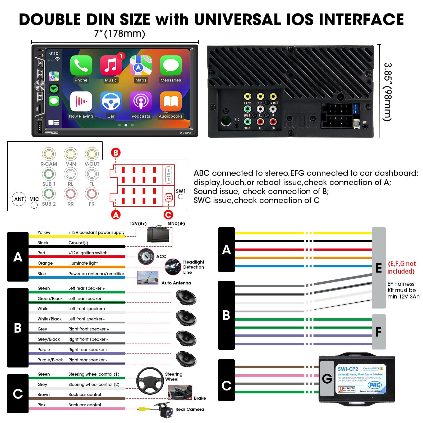 7″ Double Din Carplay Stereo: Wireless Android Auto Car Radio Receiver -…