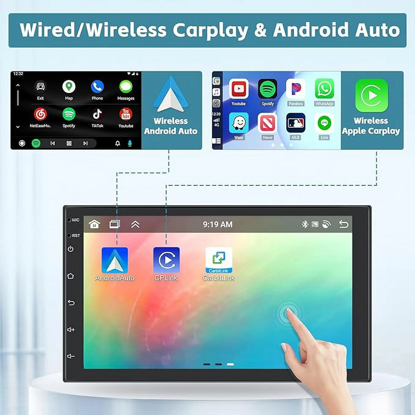 Podofo 7-Inch Double Din Bluetooth Car Stereo With Wireless Apple Carplay