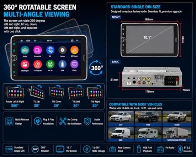 10.1 Inch Single DIN Car Stereo with Bluetooth 5.2, 720×1280, Wireless CarPlay