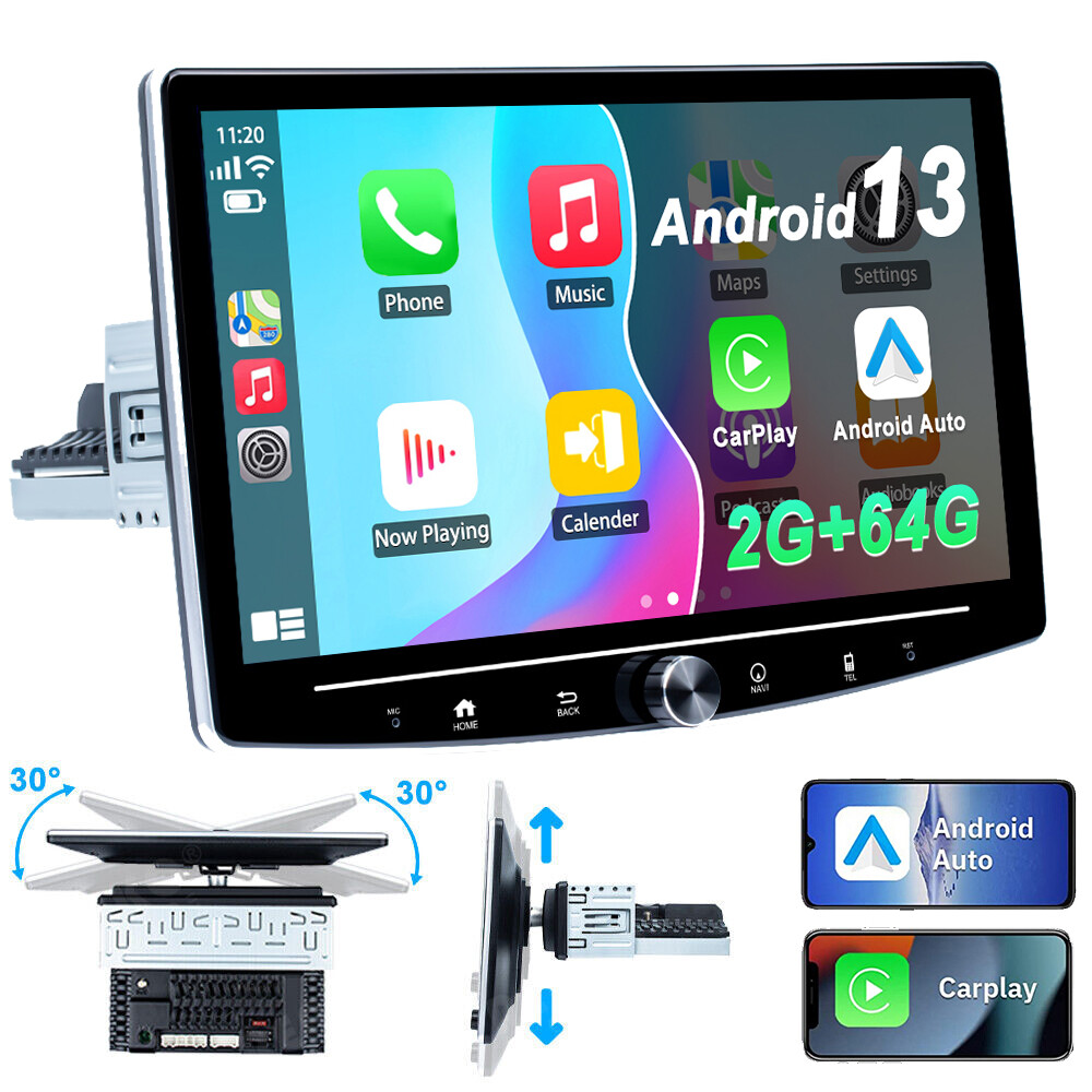 2+64G 1DIN Rotatable 10.1” Android 13 for Apple CarPlay Car Stereo Radio GPS BT