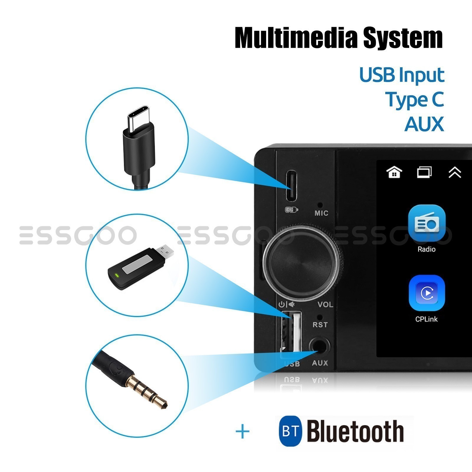 In Dash 6.36″ Single Din Car Stereo Wireless CarPlay Android Auto Radio Camera