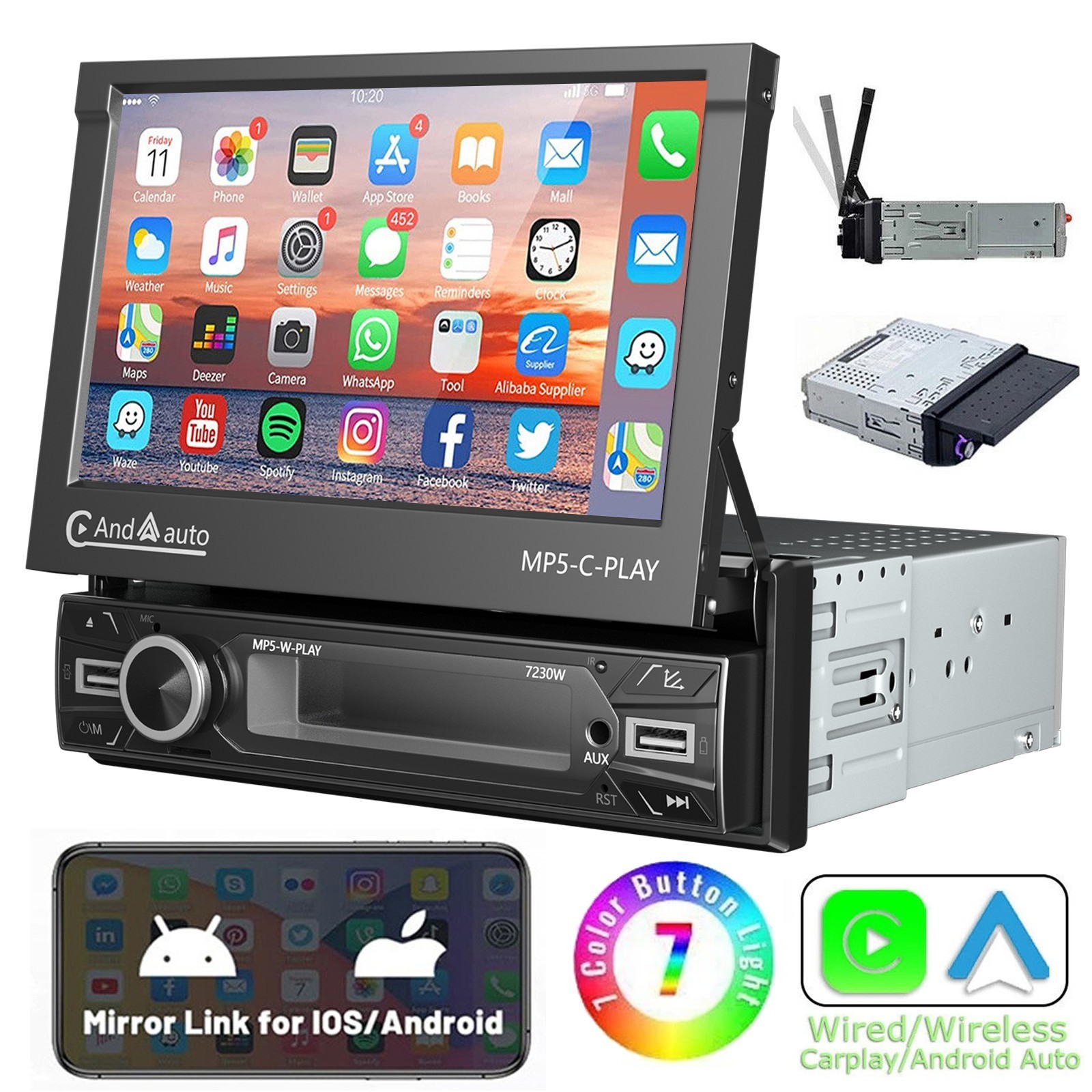 7″ Single 1 DIN Car Stereo Flip Out Touch Screen Radio Wireless Carplay MP5 USB