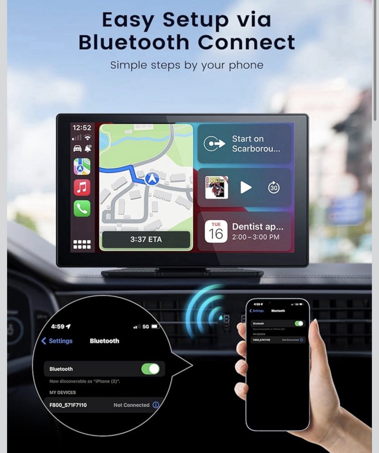 Wireless Carplay Screen for Car, 9″ HD Portable Car Stereo Touch Screen