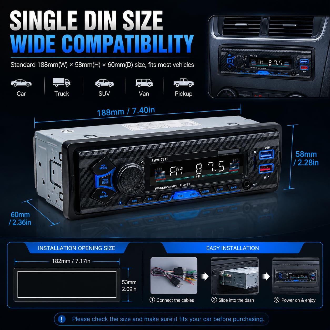 Single Din Car Radio Stereo Bluetooth AI Voice Steering Wheel Control FM USB