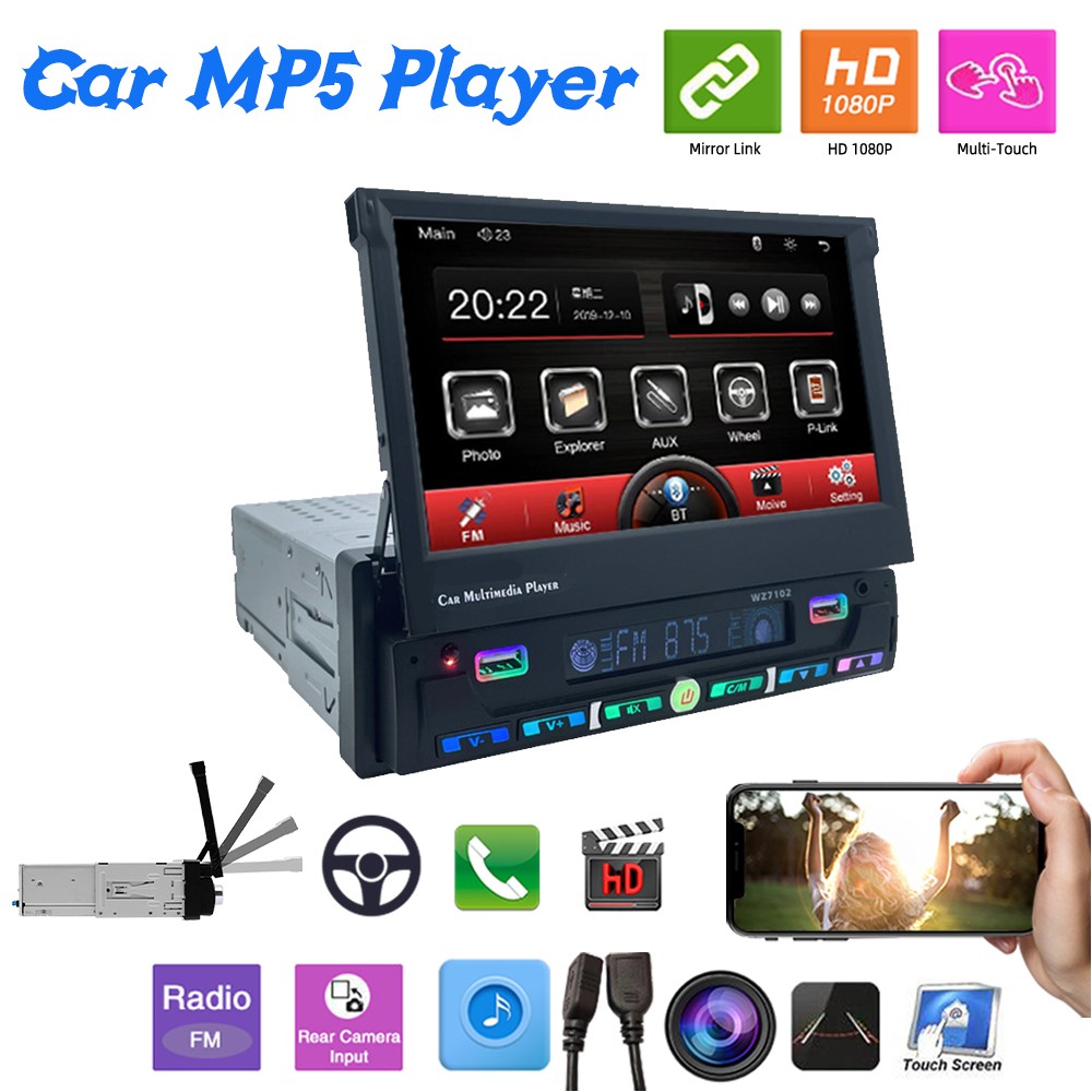 7″ Single Din Motorized Car Stereo Android Auto Radio Wireless Carplay