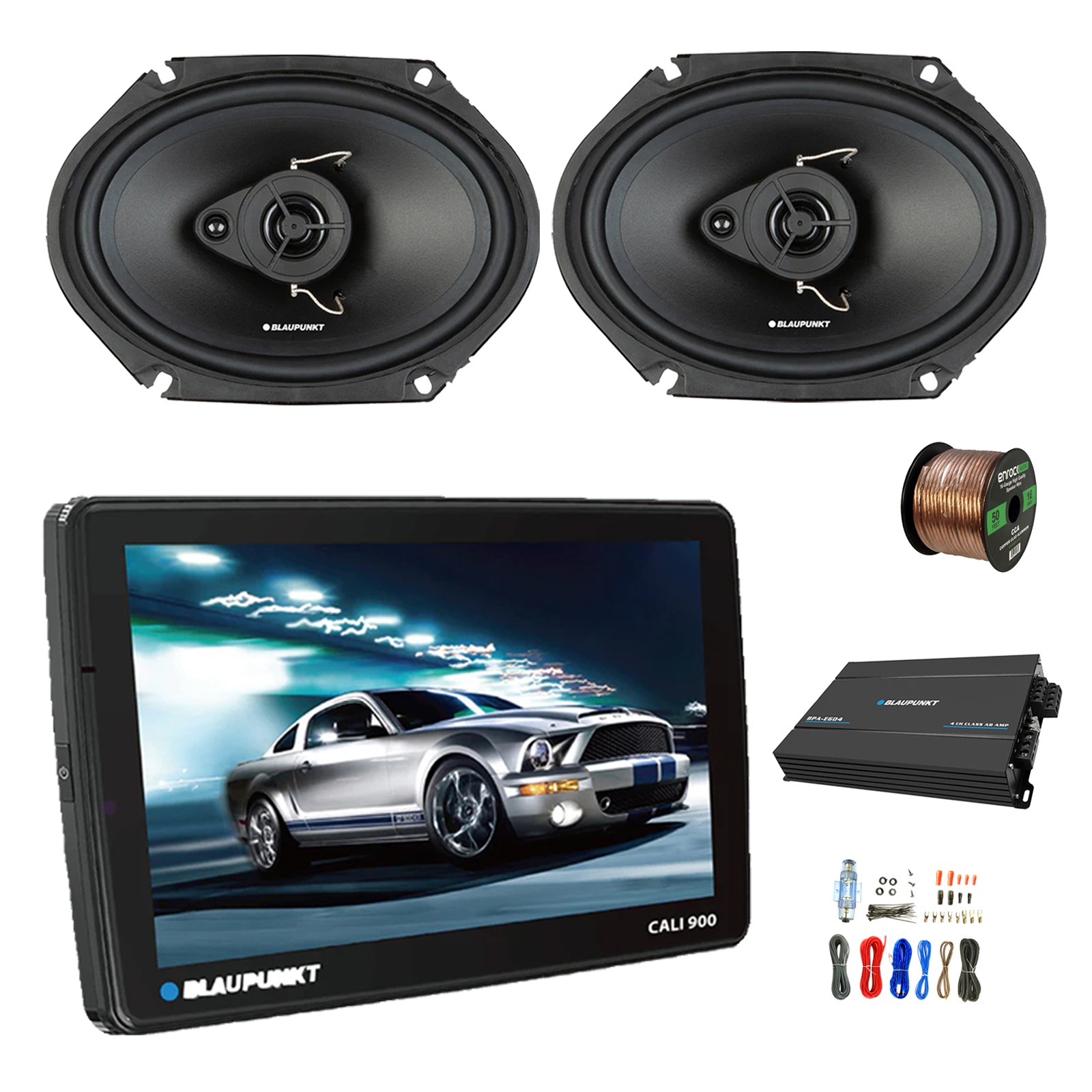 Blaupunkt CALI 900 9″ Touchscreen WiFi Radio, Amp,Kit, 2x 6×8″ 60W Speaker, Wire