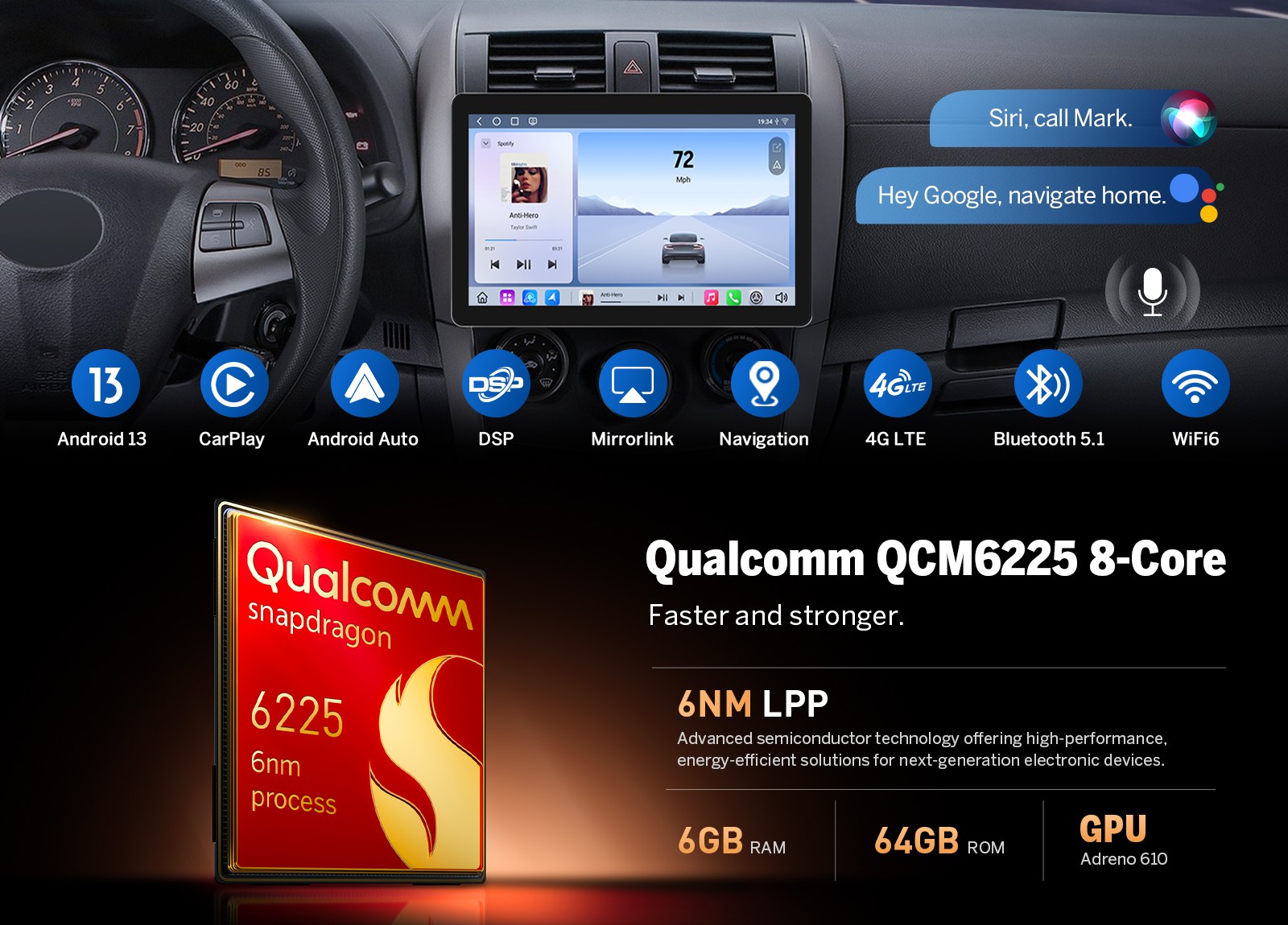 Android Auto Car Stereo 10.95″ QLED Single 1 DIN WiFi 6 GPS Wireless CarPlay DSP