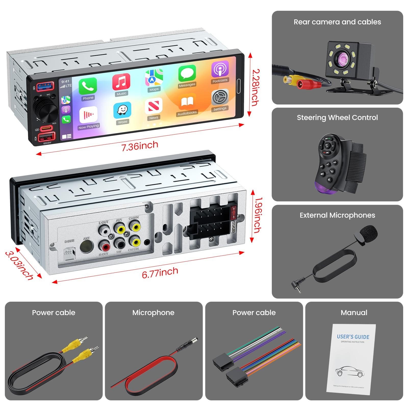 Single Din Car Stereo with 6.5” Touchscreen, Apple CarPlay, Android Auto, Blueto