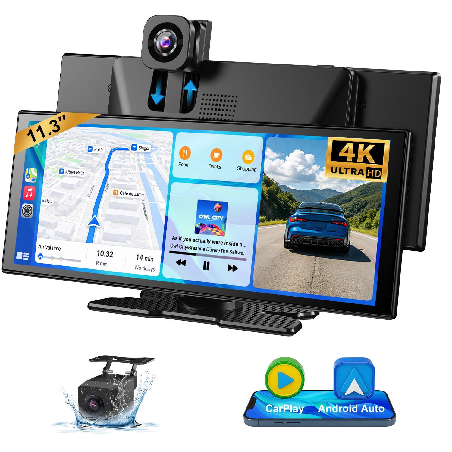 11.3 Inch 4K Portable CarPlay Screen for Car Apple Tablet Android Auto Radio GPS