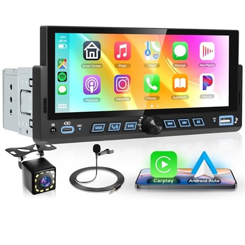 Single Din Car Stereo with Wireless Carplay Android Auto, 6.86 Inch with Knob