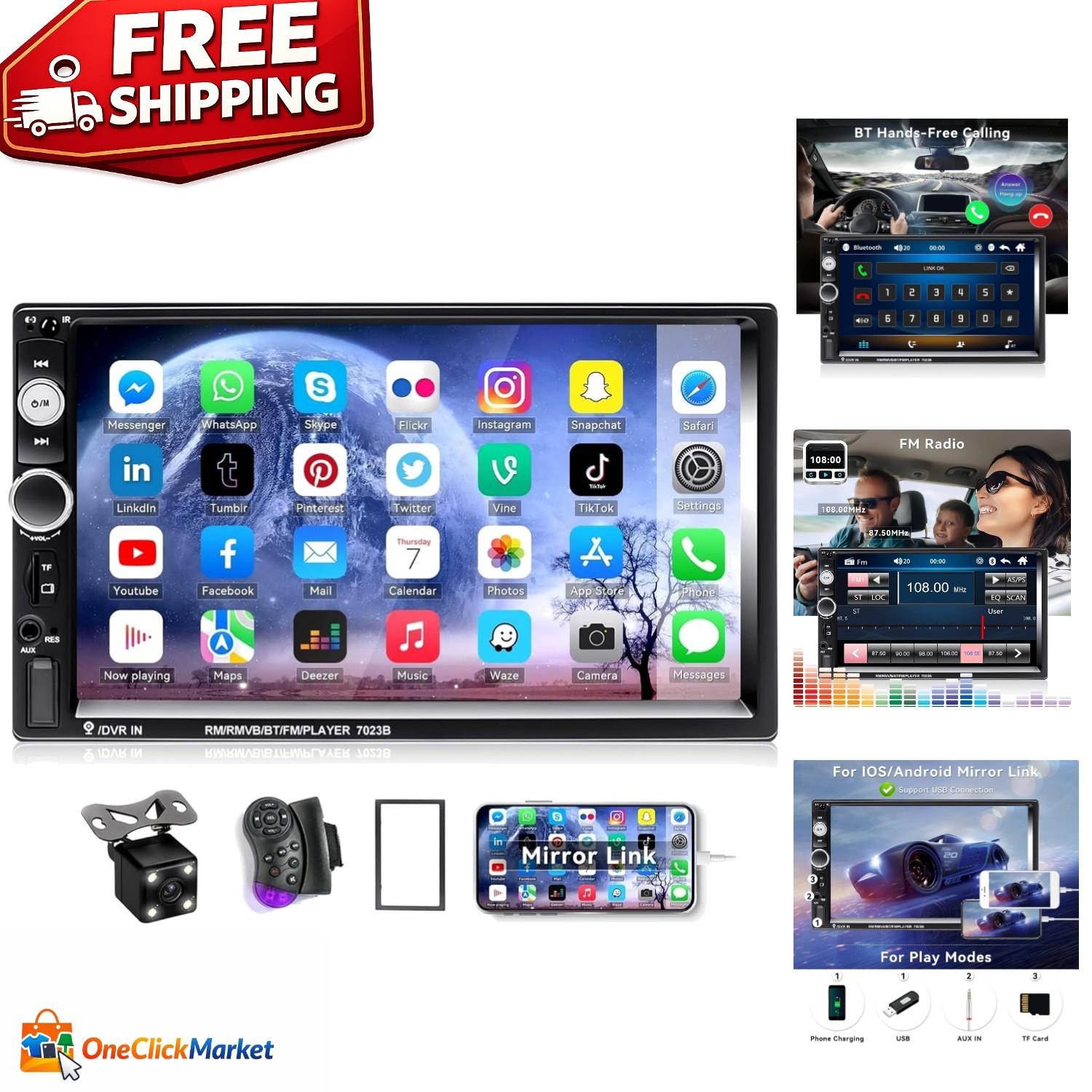 Multimedia Car Stereo 7″ Double Din with Backup Camera & Smartphone Sync