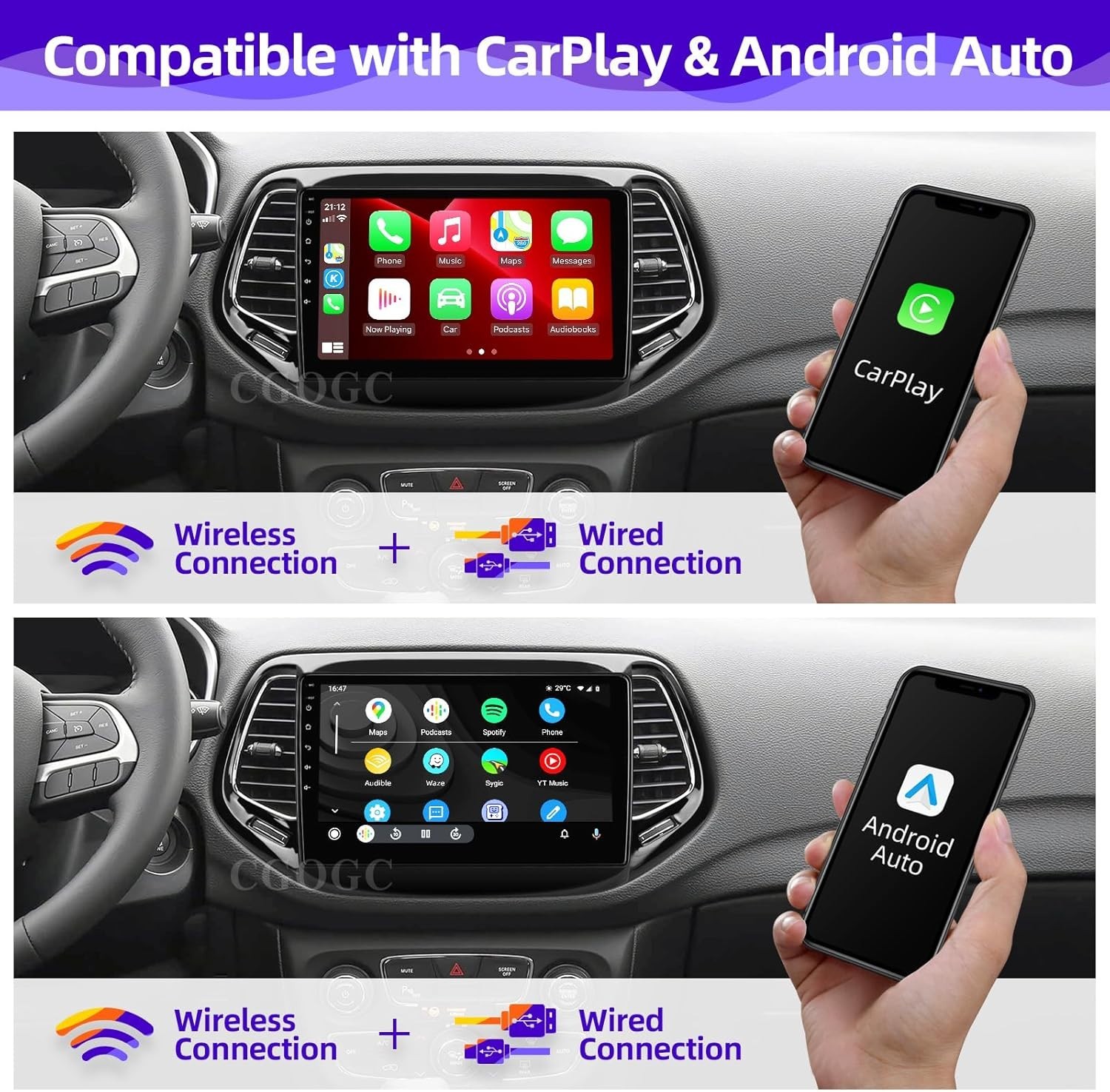 10″ 8Core 32G Android Auto Carplay for Jeep Compass 2017-2020; Free Camera