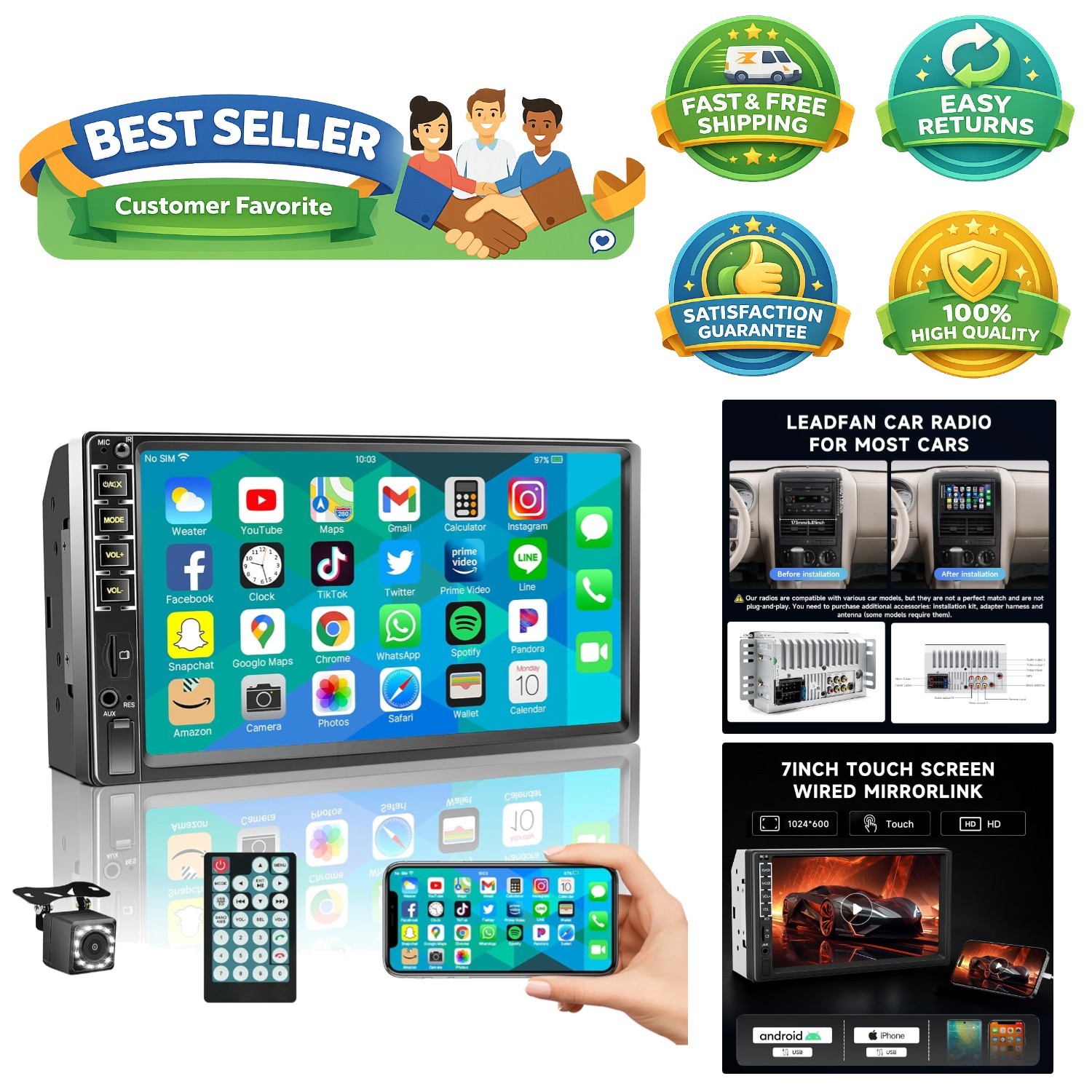 High-Resolution 7-Inch Touchscreen Car Stereo with FM and Bluetooth Connectivity