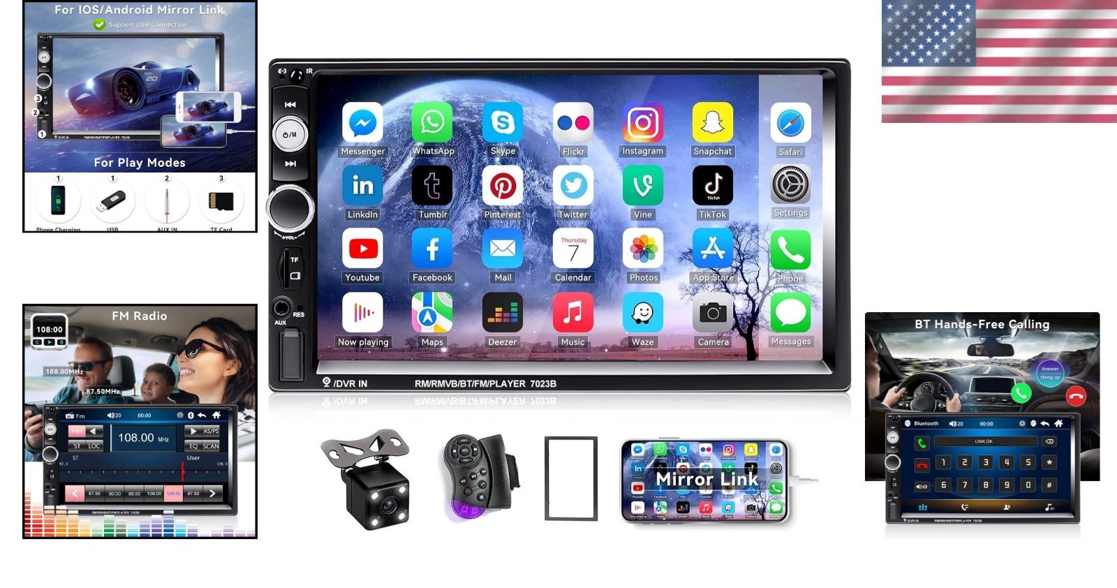 Multimedia Car Stereo 7″ Double Din with Backup Camera & Smartphone Sync