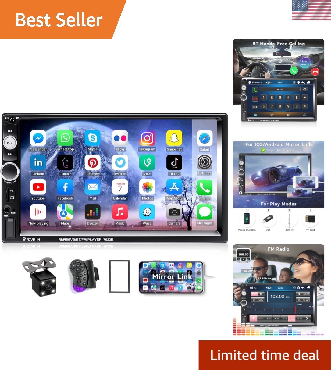 7″ HD Double Din Car Stereo – Bluetooth Multimedia with Touchscreen & Backup Cam
