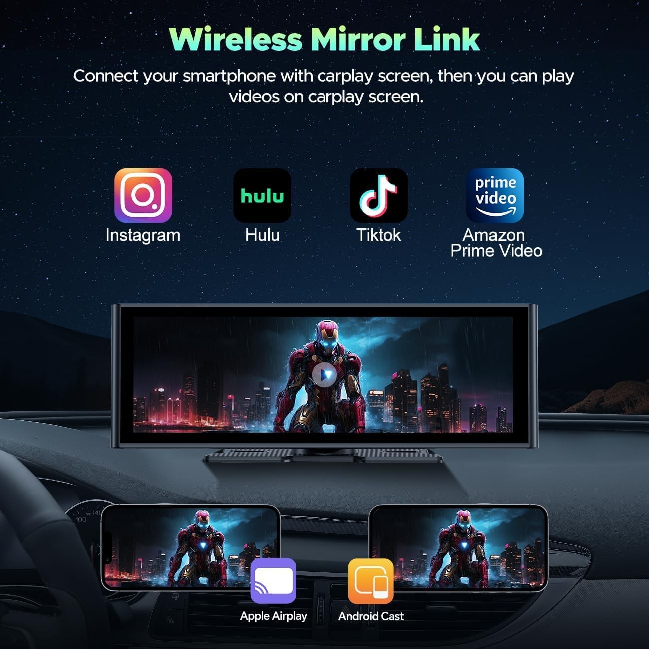 10.26″4K Dash Cam Car Stereo Radio Wireless Apple Carplay &Android Auto+1080PCam