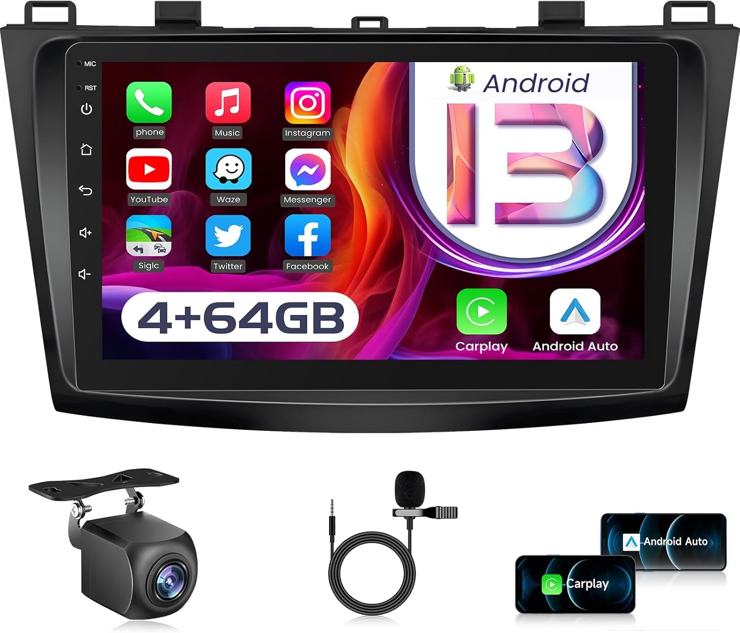 4+64GB Car Stereo CarPlay Android13.0 Radio 9″ GPS BT5 FM for Mazda 3 2010-2013