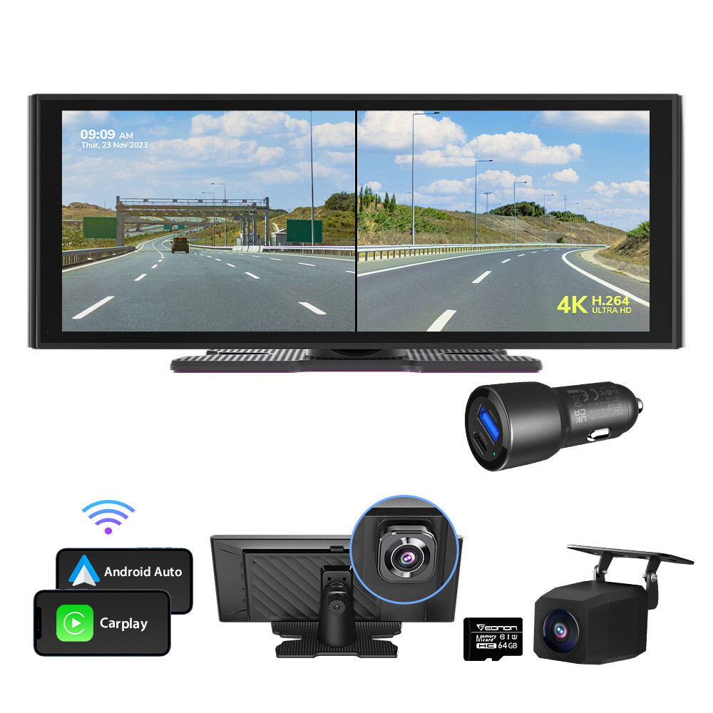 4K DashCam 10″ IPS Portable Car Stereo Radio Wireless Apple Carplay&Android Auto