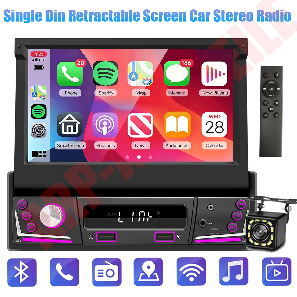 7” Single Din Android 15 Retractable Screen Car Radio GPS WIFI Carplay + Remote