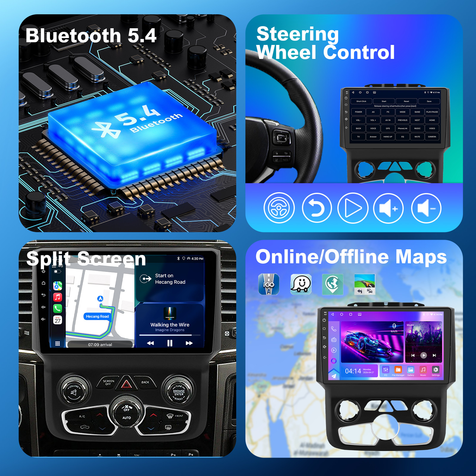 8Core 4+64G Dodge Ram1500/2500/3500 2013-2019 9″ Android14 Radio,CarPlay Auto,AM