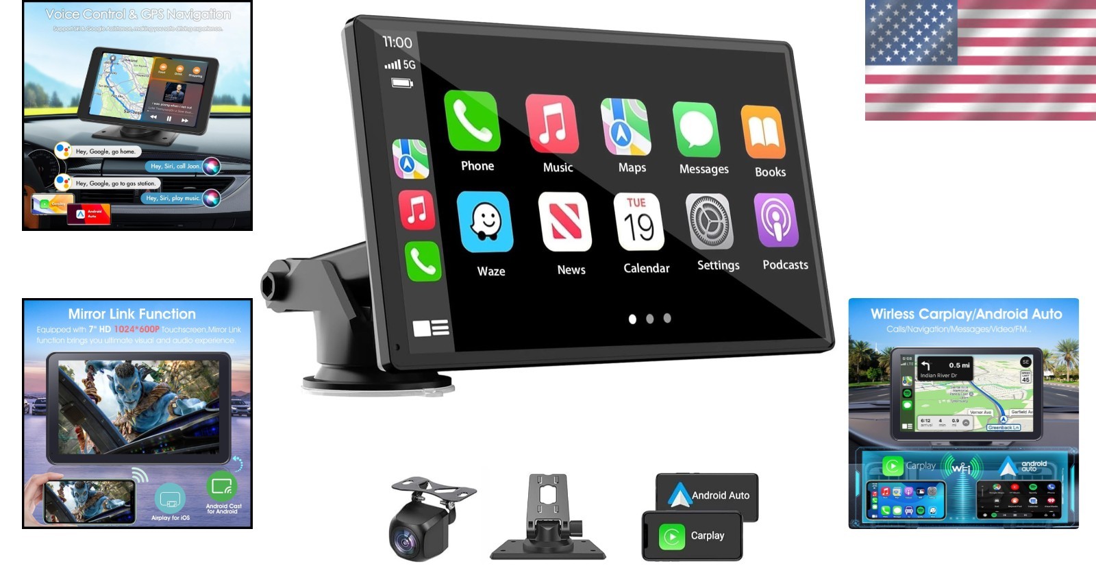 Portable Wireless CarPlay Screen for Car, 7″ HD Touch Screen for Car with Car…