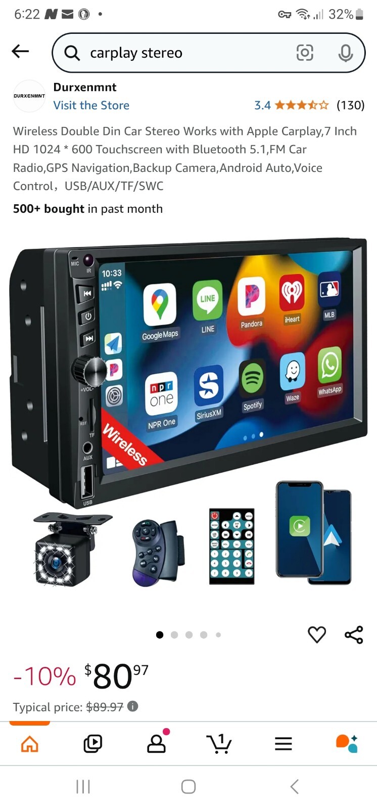 7 Inch Double DIN Apple CarPlay Android Auto Car Stereo Touch Screen FM USB BT