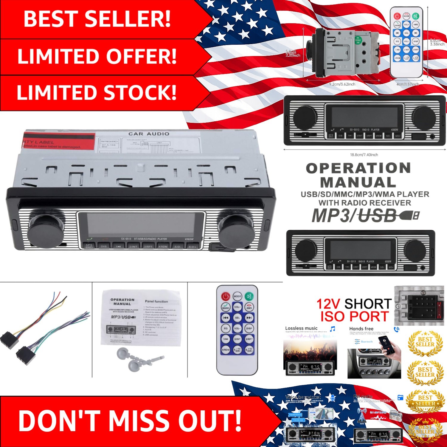 12V Bluetooth Car Radio MP3 Player Vehicle Stereo Audio Support FM/USB/SD/AUX…