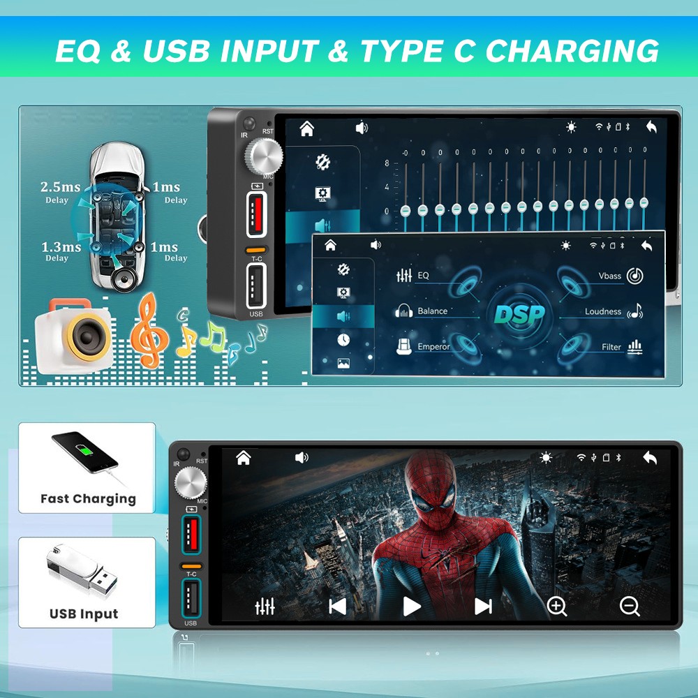 Single 1 Din Car Stereo Apple CarPlay 6.9” touchscreen Bluetooth Radio SWC USB