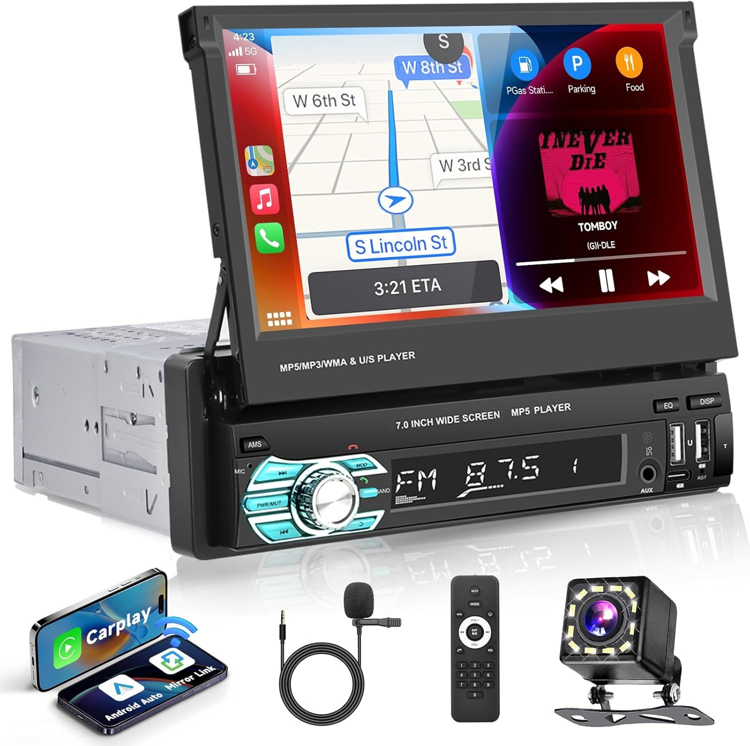 Single 1DIN Car Radio Stereo Touch Screen Bluetooth Flip out MP5 Player Carplay