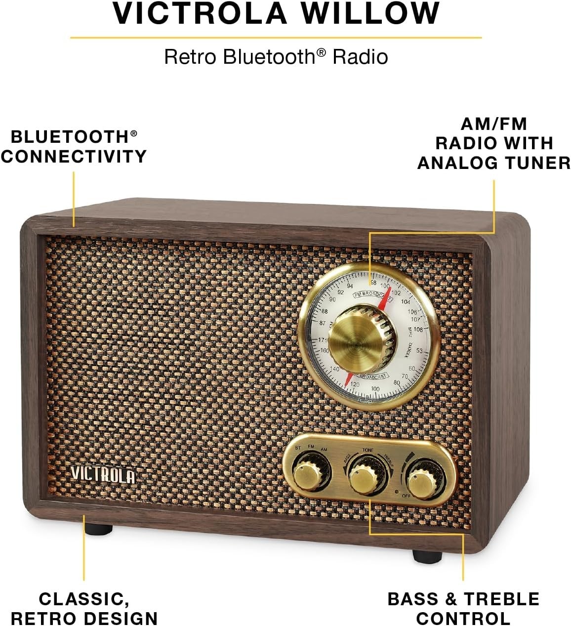 Willow Retro Bluetooth Radio: Vintage Wood Design with Built-in Speakers 9.5”