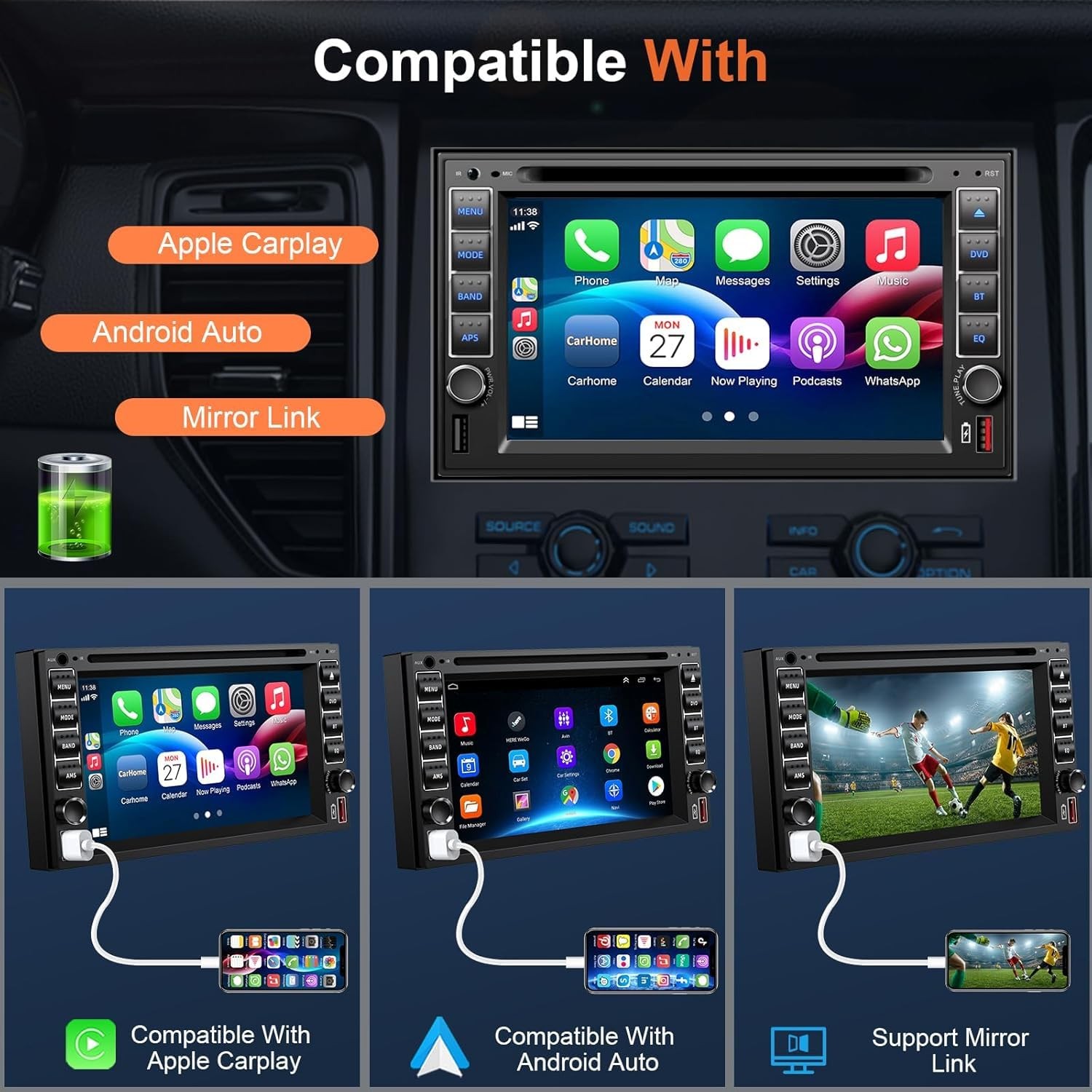 Double Din Car Stereo Radio with CD/DVD Player, Voice Control Carplay and And…