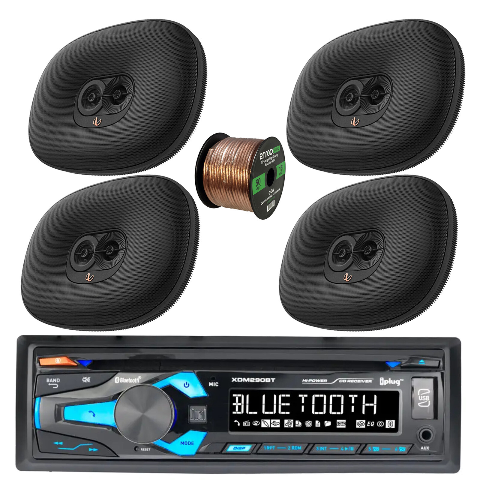 Dual in-Dash Bluetooth CD Stereo Receiver, 4x 6×9″ 180 Watt Car Speakers, Wire
