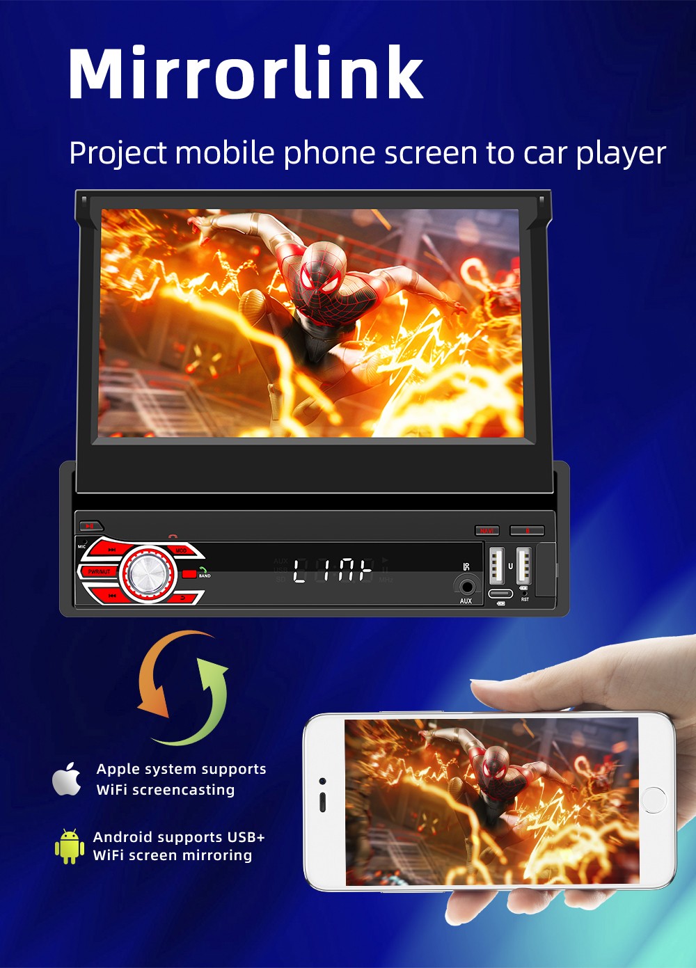 7″ Single 1 DIN Android 15 Flip Out Screen Carplay Car Stereo USB WIFI 64G+AHD