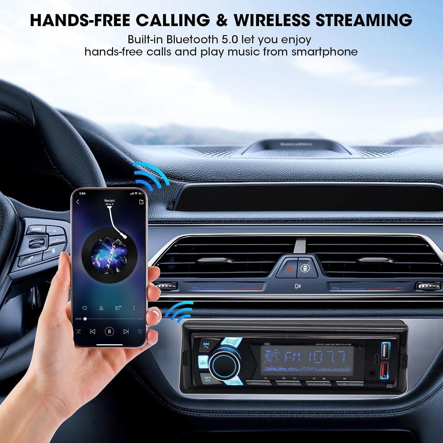 HZEX Single Din Car Stereo with Bluetooth, Detachable Face 1 Din, Black