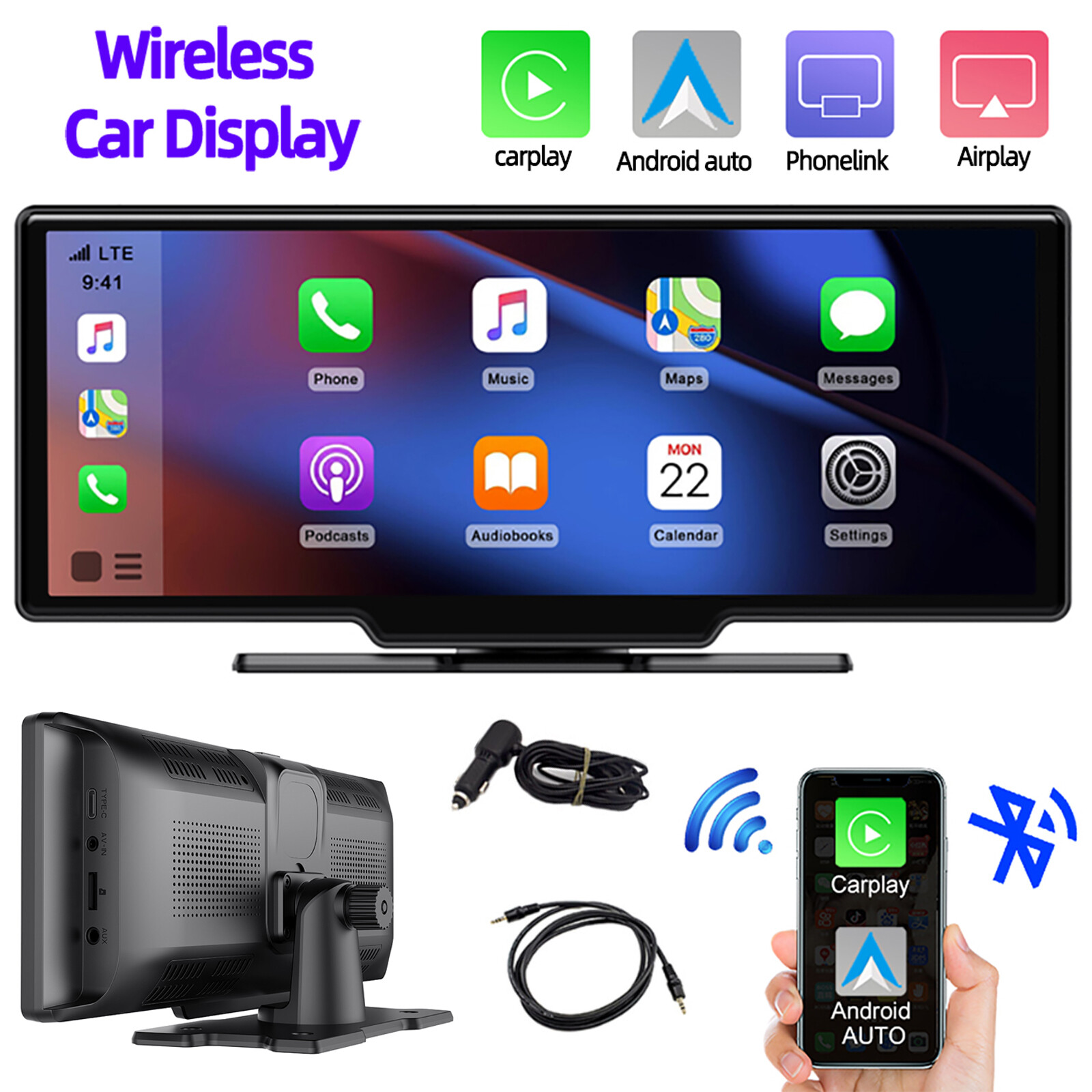 10″ Wireless Car Stereo HD Monitor Android Auto IOS Carplay AUX FM Bluetooth 5.0