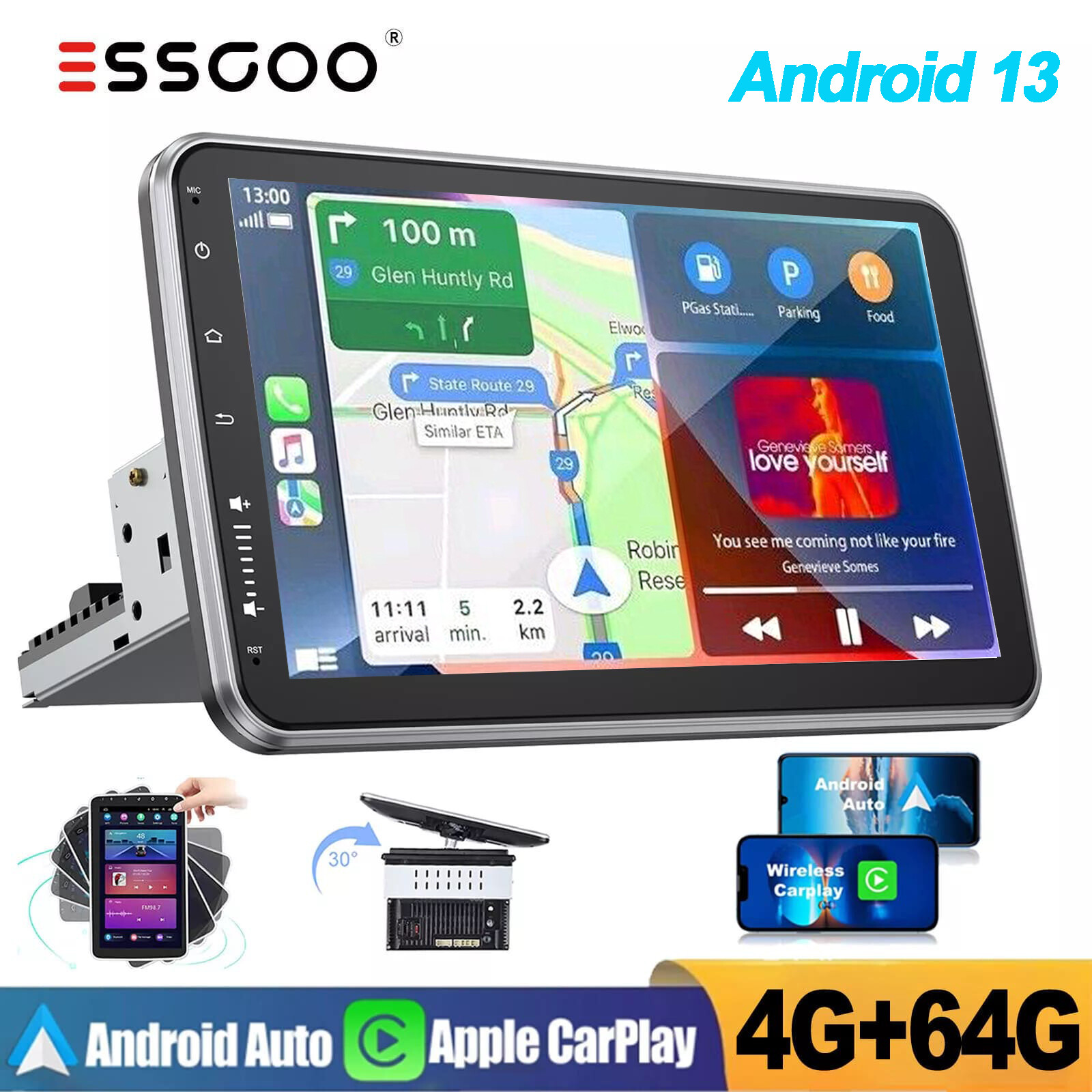 Rotatable 10.1” Android 13 Touch Screen Car Stereo Radio GPS Wifi Single 1 DIN