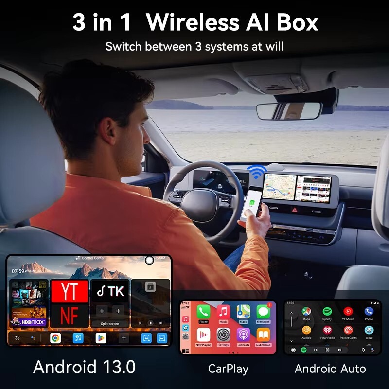 3-in-1 Android 13 CarPlay Ai Box Wireless Android Auto Adapter -QCM6125 -8+128G