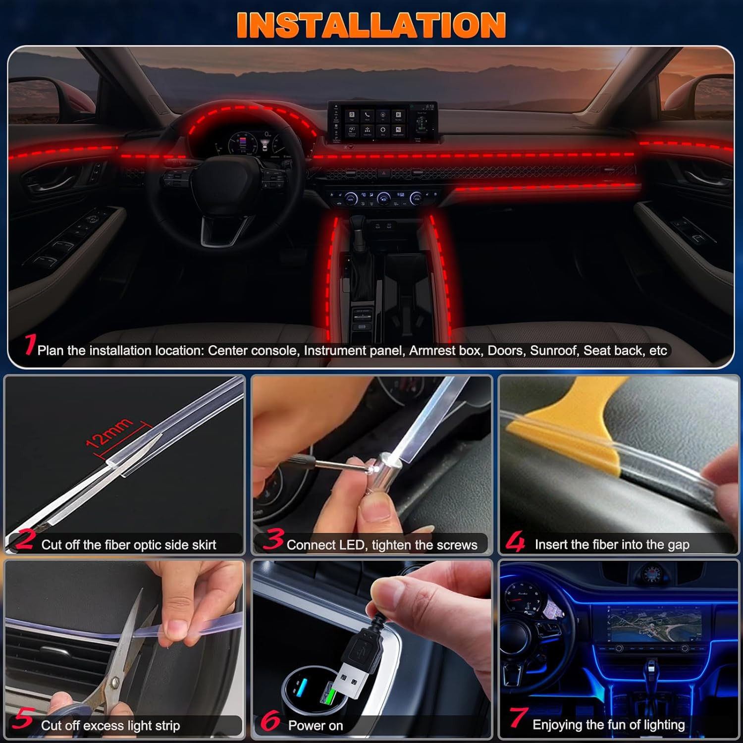 Car LED Strip Lights, USB Interior Ambient Lighting Kits with Wireless APP and R