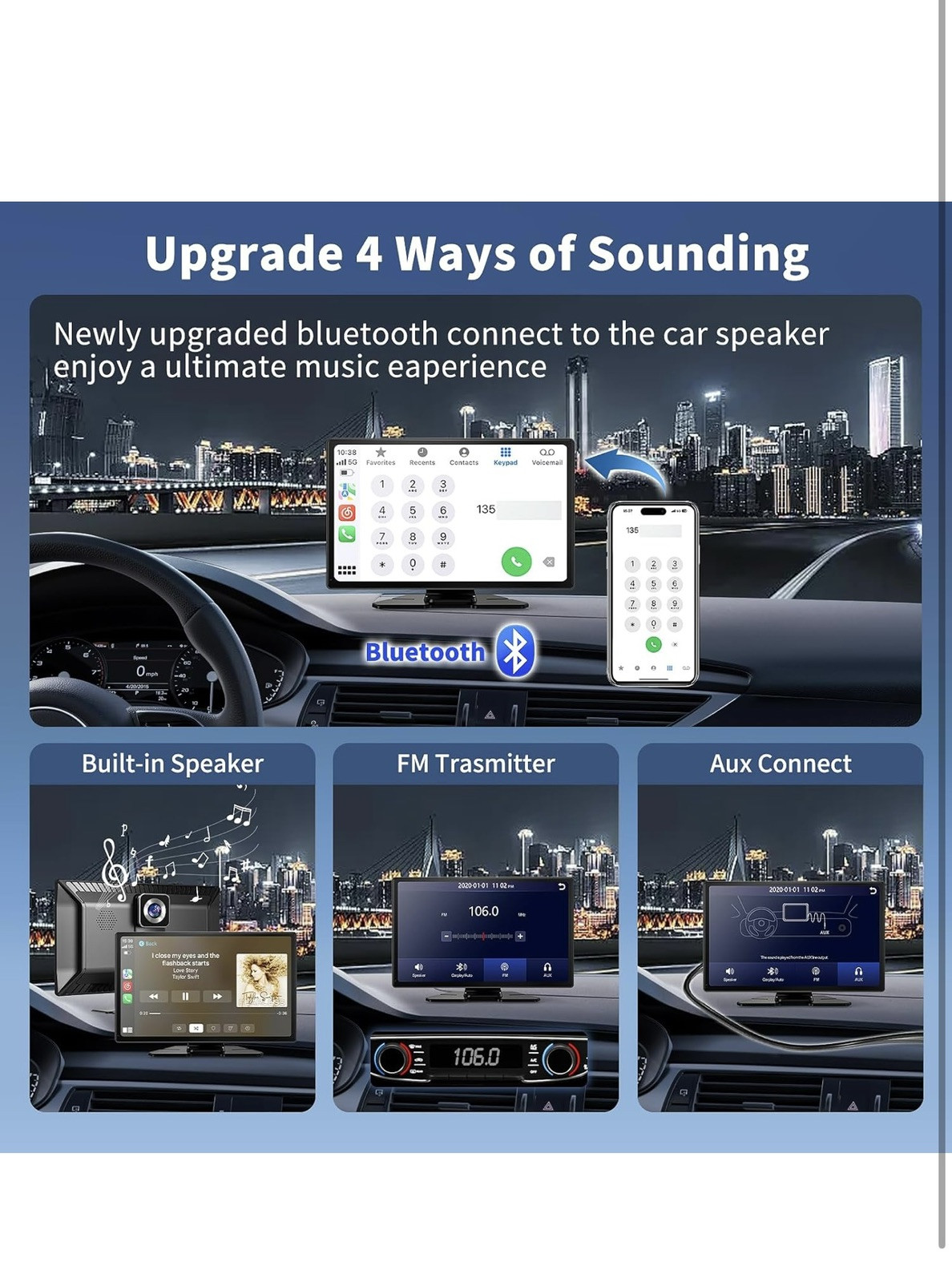 Wireless Carplay Screen with 4K Dash Cam, 9″ Portable Carplay Screen for Black