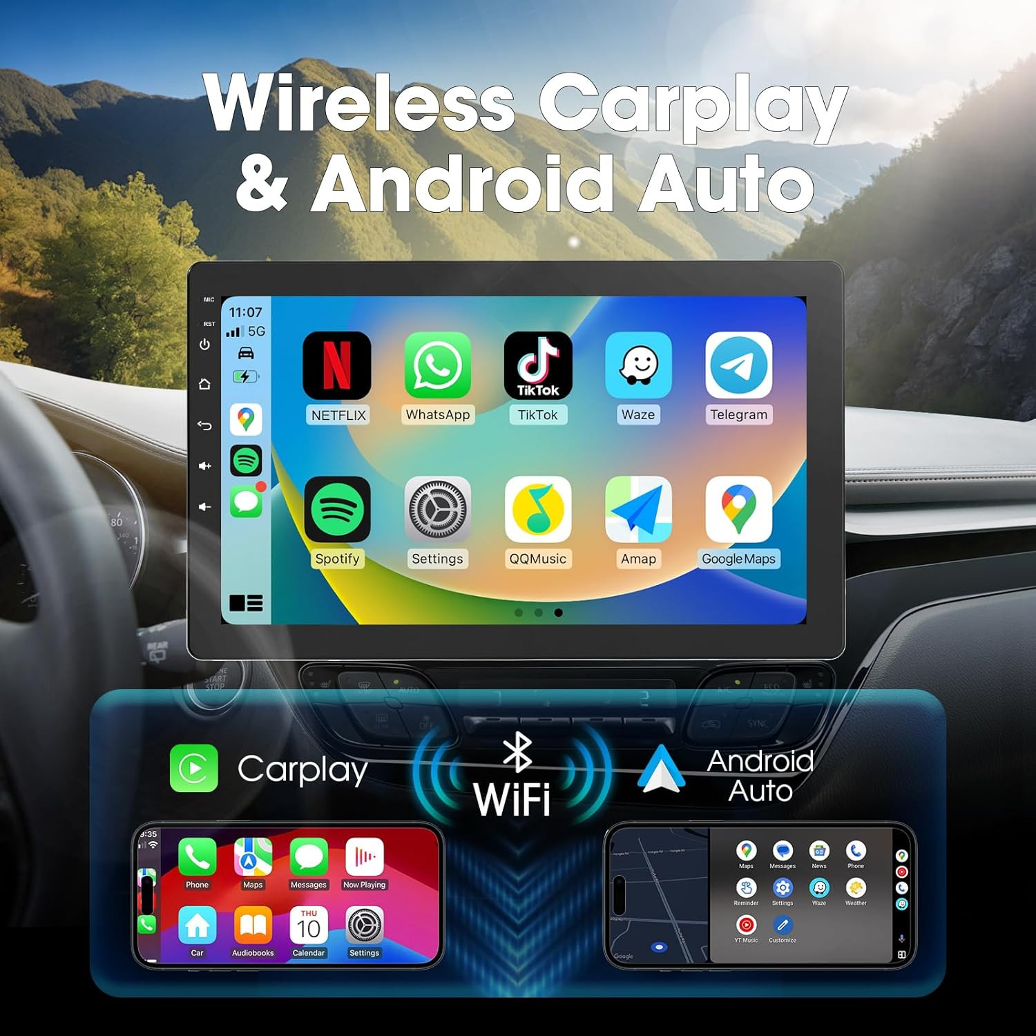 10.1 Inch Single Din Car Stereo, Rotatable Touch Screen Radio with Wireless Appl
