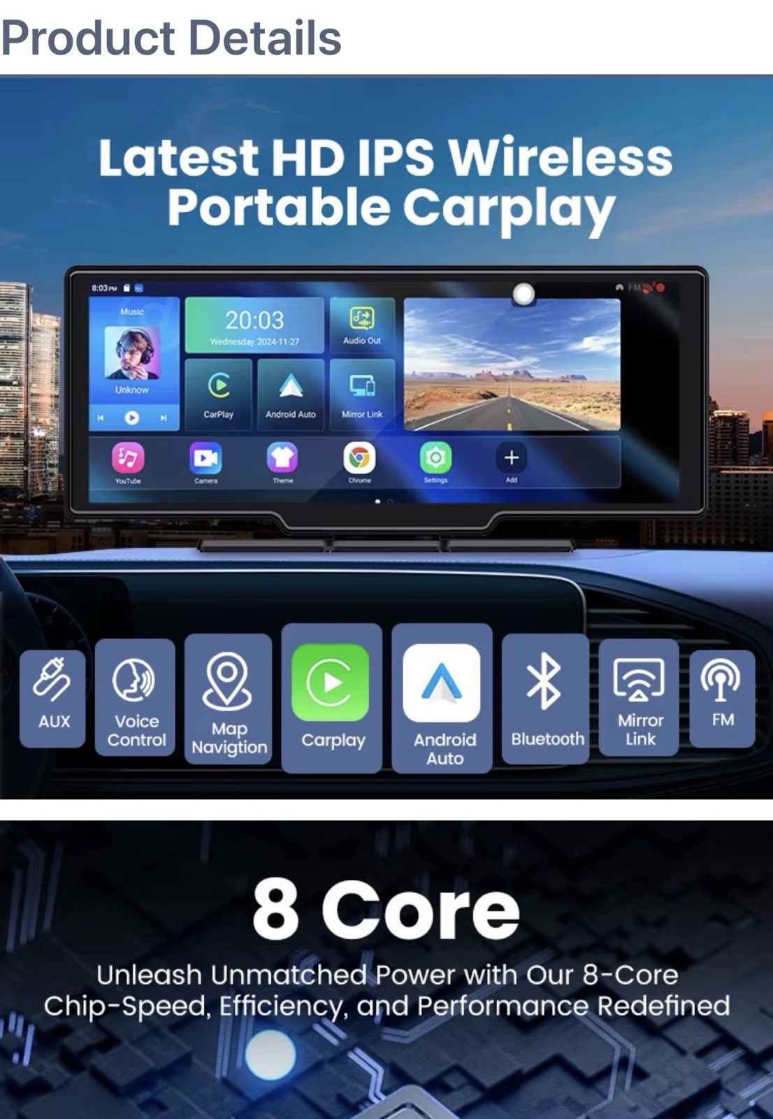 Maustor 10.26 Inch Android 14 Portable Wireless Carplay Android 6gb RAM +128GB S